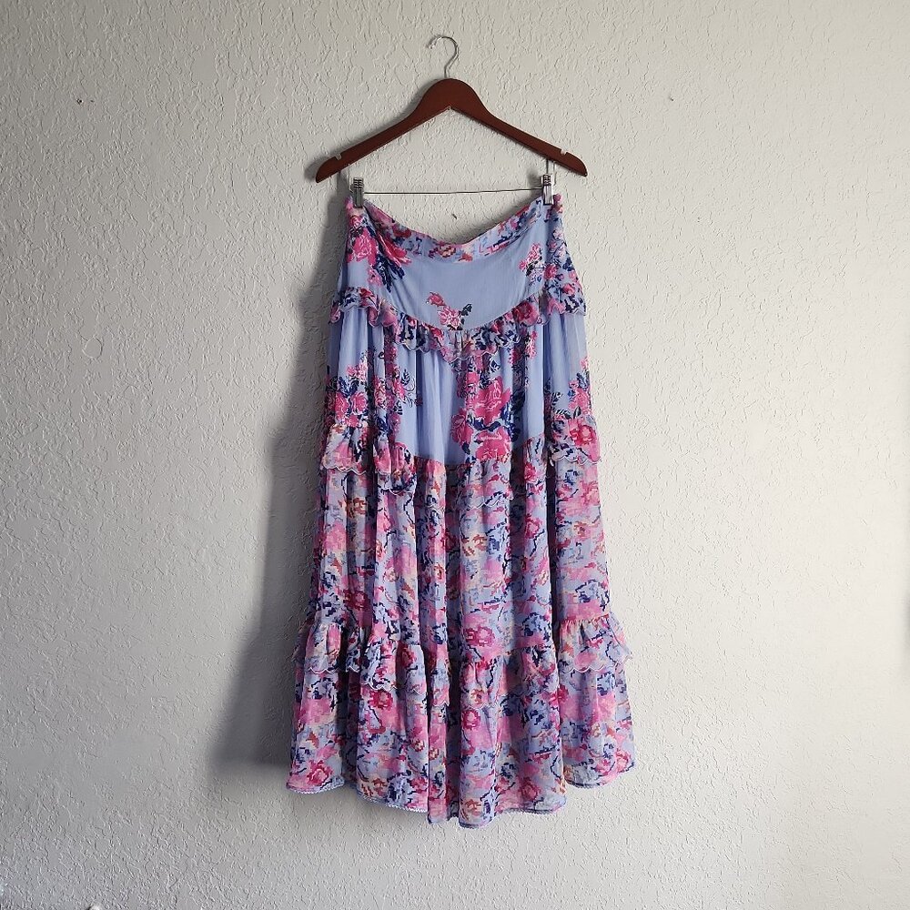 House Of Harlow Maxi Tiered Skirt Floral Boho Pink Blue Fairy Cottagecore